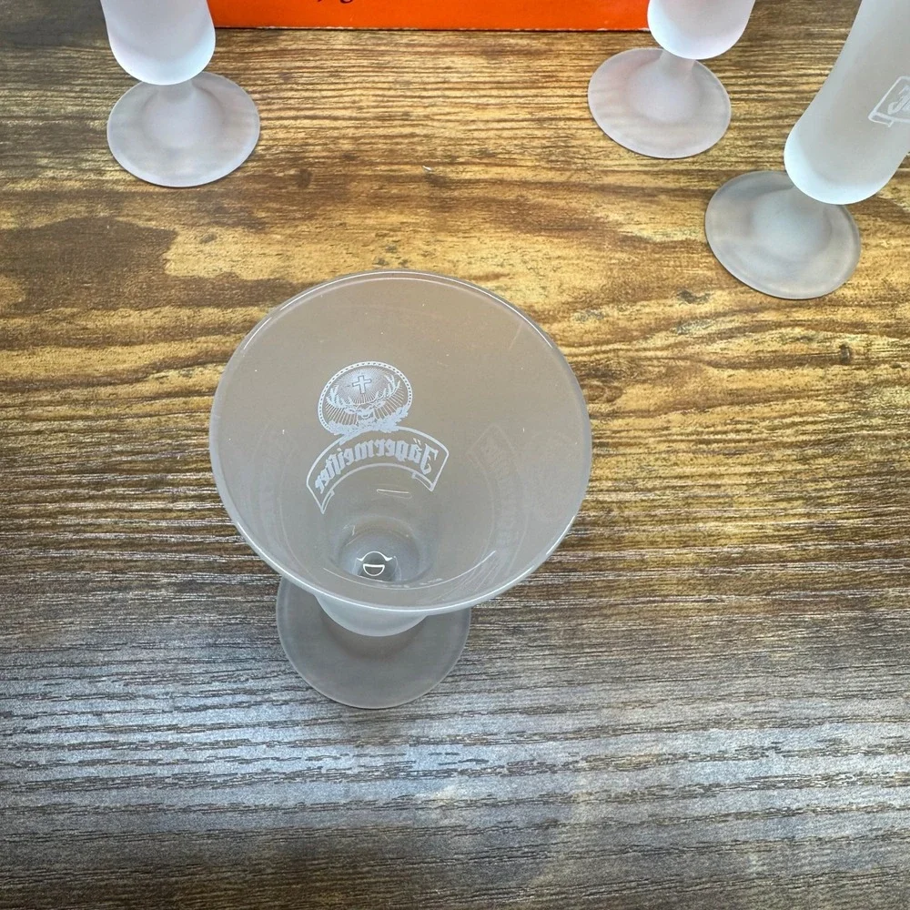 Jagermeister Frosted Glass Shot Glasses Set of 6 with Original Box 2cl Stemmed